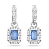 Una drop earrings, Octagon cut, Blue, Rhodium plated